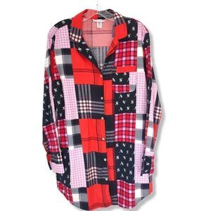 Victoria's Secret Red Patchwork Nightshirt Button Front Knee Length LS Cotton XS